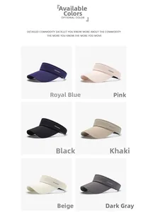 Detailed view of six sun visor hats in blue, pink, black, khaki, beige, and dark grey
