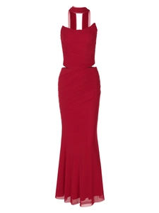 Sexy red double-layer mesh two-piece set featuring a halter bodycon long fishtail skirt