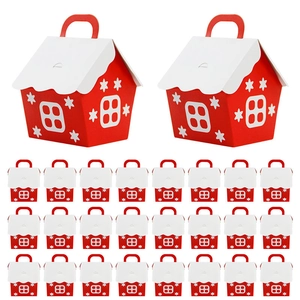 Set of 24 red and white house-shaped Christmas candy boxes with festive snowflake patterns