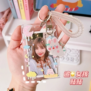 Acrylic card holder with cute rabbit charm and spring lanyard for photocard storage