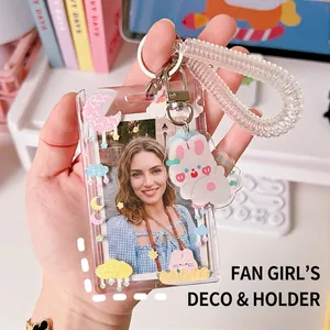 Acrylic card holder with cute rabbit charm and spring lanyard for photocard storage
