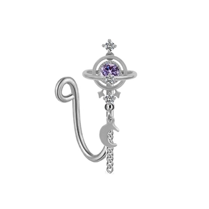 Detail view of silver non-piercing heart nose ring with purple stone and moon chain charms
