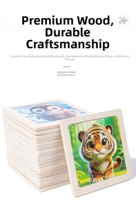 Macro view of stackable wooden animal puzzles featuring tiger and penguin designs