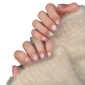French tip press-on nails with taro purple cat eye effect and square oval shape