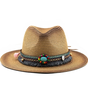 Bohemian Straw Cowboy Hat Wide Brim Gradient Fedora Sun Beach Hat Women Men Ethnic Turquoise Bead Tassel Decor