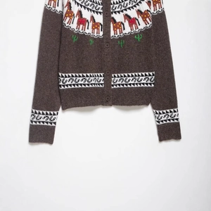 Western style jacquard knit cardigan with horse and cactus patterns in dark coffee brown