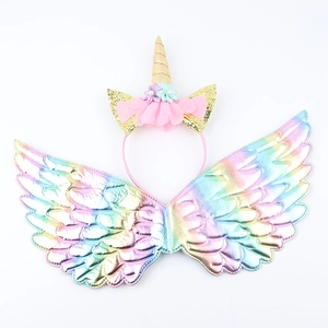 Rainbow unicorn wings and floral headband set for children party dress up props