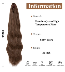 Detail-Infografik für 22-Zoll-Pferdeschwanz-Verlängerung mit Krallenclip, dunkelbraune Wellen