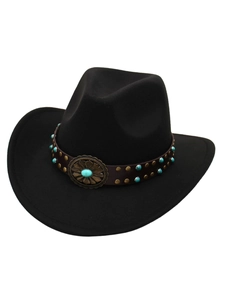Detailed view of kids western cowboy hat with leather band and turquoise studs