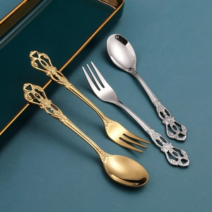 Vintage European Embossed Spoon And Fork Stainless Steel Dessert Fruit Coffee Stirring Baroque Style Luxury Cutlery
