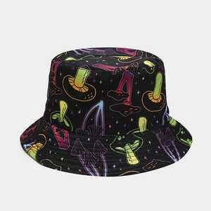 Detail of colorful mushroom pattern print on a black foldable bucket sun hat