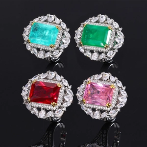 Luxurious Rectangle Zirconia Ring For Women Vintage Geometric Emerald Ruby Paraiba Style Cocktail Party Fashion Jewelry