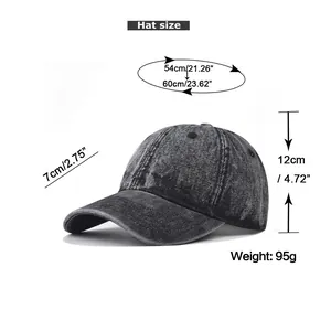 Detailed size chart for washed denim baseball cap with measurements in cm and inches