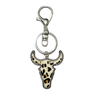 Western style leopard print bull head keychain with silver bead trim and metal lobster clasp