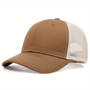 Classic brown and beige trucker hat with breathable mesh and curved brim in side view