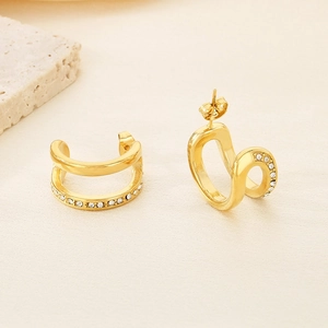 Double-layered gold-plated C-shaped stainless steel earrings with sparkling crystals