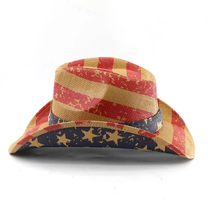 Detailed top view of a distressed American flag western cowboy hat with star patterns