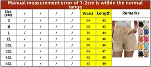 Size guide for women's high waist linen shorts showing measurements from S to 5XL
