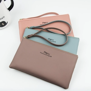 Morandi pink and blue long PU leather wallets with wristlets and secure zipper closure