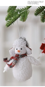 Detailed plush snowman ornament with knitted hat and scarf on Christmas pine needles