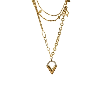 Double-layered 14K gold plated stainless steel necklace with V-pendant and zircon stones