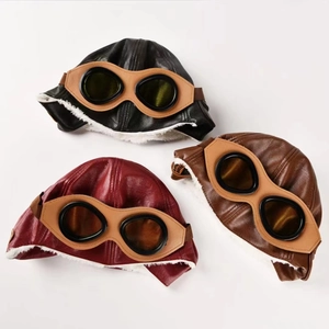 Kids Aviator Trapper Hat PU Leather Faux Fur Lined With Goggles Ear Flaps Winter Warm Windproof For Toddlers Children