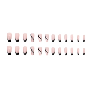 Faux ongles ballerine avec french noire pailletée et motifs vagues argentées