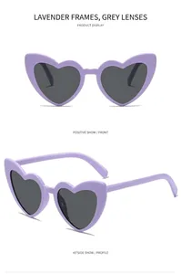 Front and side views of heart-shaped purple frame sunglasses with dark grey lenses