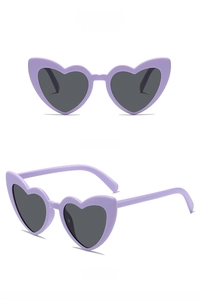 Front and side views of heart-shaped purple frame sunglasses with dark grey lenses