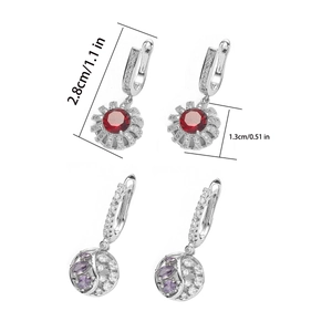 Detailed view of U-shaped drop earrings with red sunflower and purple zircon stone