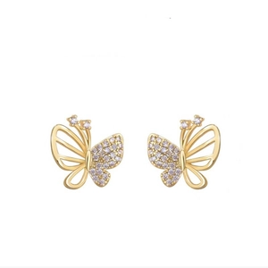 Elegant gold butterfly stud earrings with hollow wings and shimmering cubic zirconia stones
