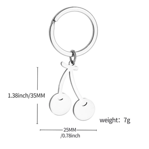 Detailed view of cherry keychain dimensions: 35mm height, 25mm width, and 7g weight