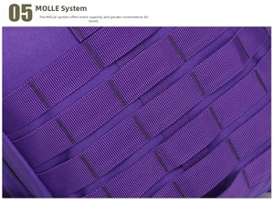 Detail of purple tactical backpack featuring reinforced MOLLE modular webbing system