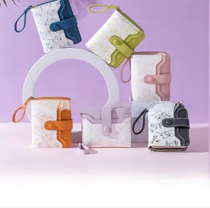 Floral short folding wallets in six colors with wrist straps and floral patterns