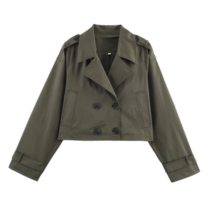 Women's army green cropped trench coat with double-breasted lapels and epaulettes