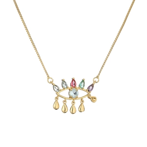 Gold evil eye necklace with colorful pear-cut gemstones on a sleek box chain