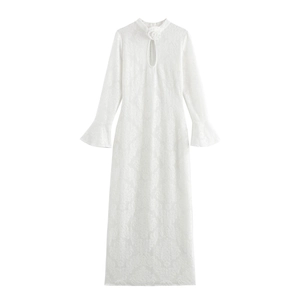 Women Sexy Lace Maxi Dress Long Bell Sleeve Stand Collar Flower Decor Elegant Slim Fit Bodycon Evening Party White