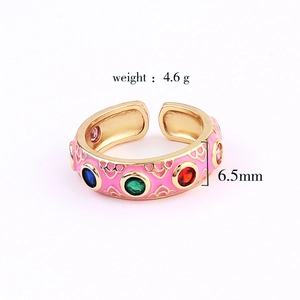 Macro shot of 6.5mm wide copper ring with pink enamel and micro-pave zircons