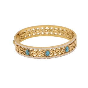 Vintage gold hollow-out stainless steel bangle with turquoise stones and rhinestones
