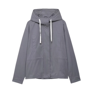 Minimalist dark grey hooded jacket with white drawstrings and symmetrical side pockets