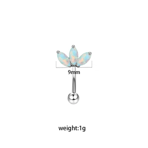 Detailed view of stainless steel eyebrow ring with 9mm marquise opal fan design