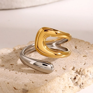Detailed view of bicolor 18k gold and silver stainless steel open ring on stone