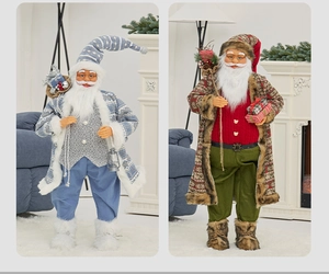Detail of Nordic Santa Claus figurines with knitted sweaters and fur trim decorations