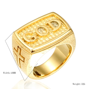 Men's vintage titanium steel GOD ring with cross embossing in 18MM gold finish