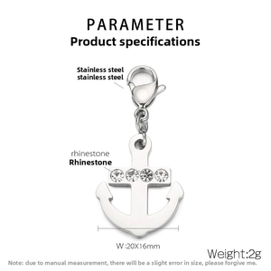 Polished stainless steel anchor pendant with rhinestones and lobster clasp details