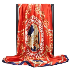 Satin silk scarf featuring blue and red Medusa head and Greek key pattern 90x90cm
