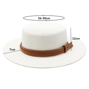 White boater hat detail with 56-58cm head size, 12cm crown height, and 7cm brim width
