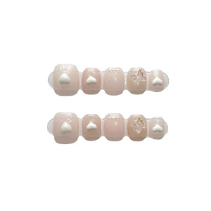 Handmade press-on nails set with pink base, 3D white hearts, aurora bows and pearls