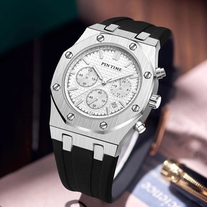 Silver octagonal men's sports watch with white triple-dial face and black silicone strap