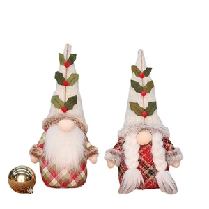 Christmas plush gnomes set with red green plaid hats and holiday berry decorations